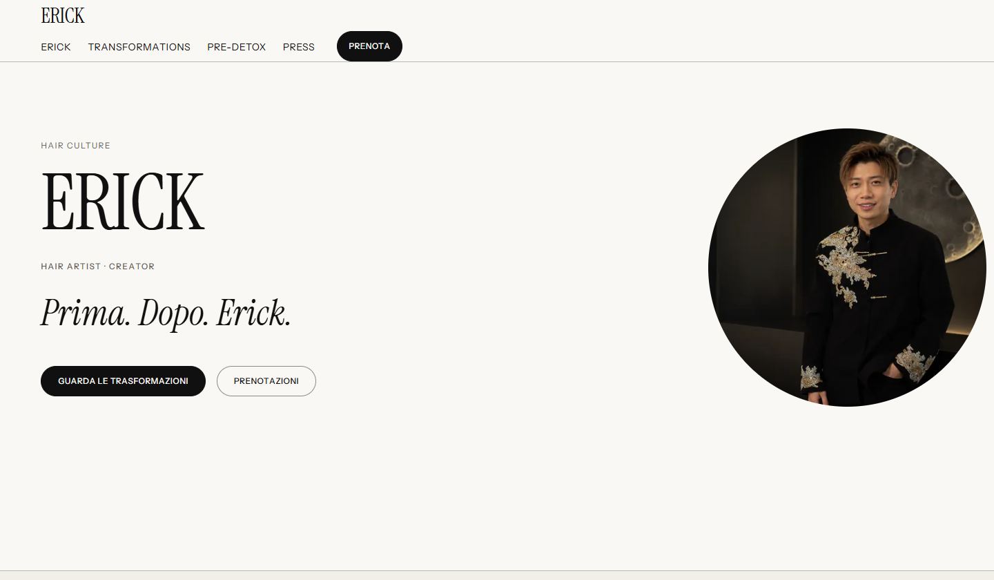 Homepage del sito Erick — Hair Culture, per un hair stylist.